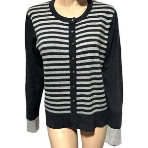 Sioni Womens Cardigan Sweater Size L Gray Striped Viscose Wool Cashmere Blend